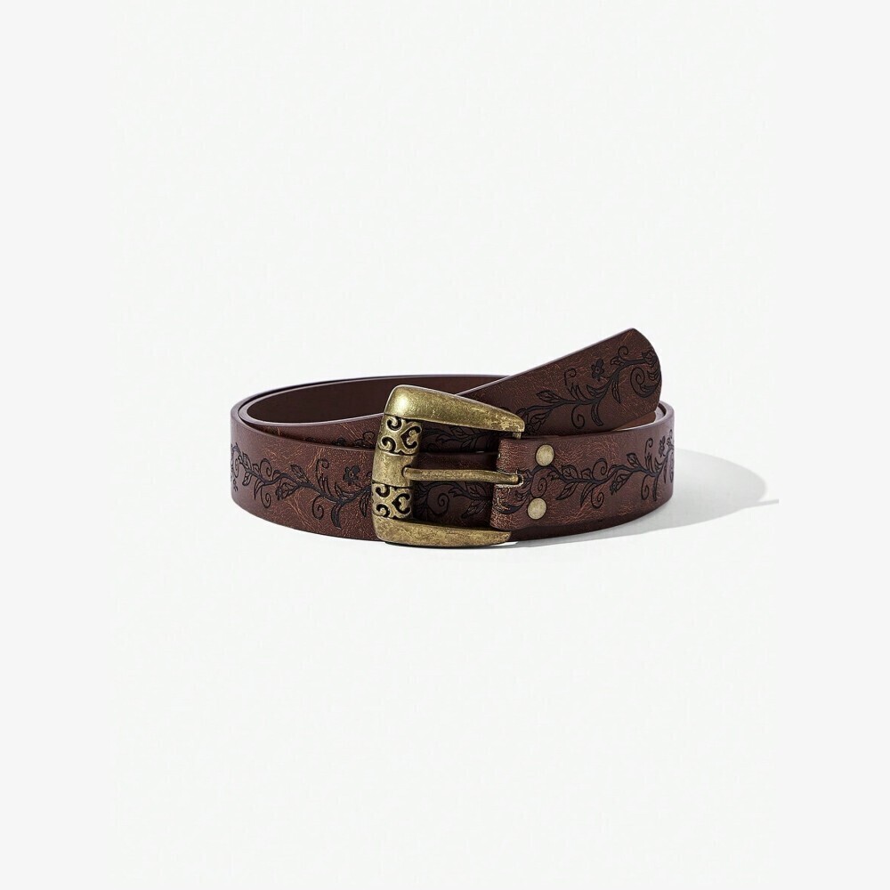 Brown Floral Print Vegan Leather Belt with Antique Gold Buckle - Picture 2 of 4